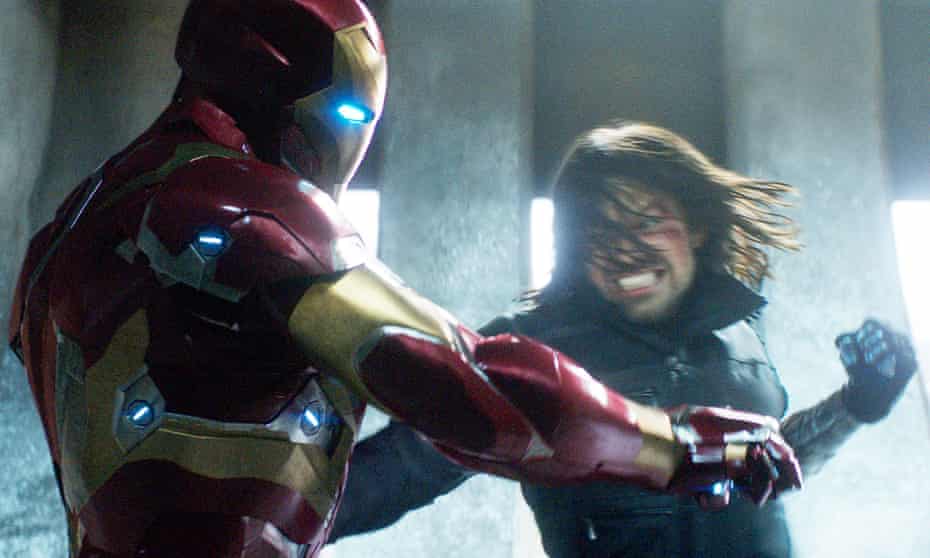 Robert Downey, Jr, left, and Sebastian Stan in a scene from Marvel's Captain America: Civil War