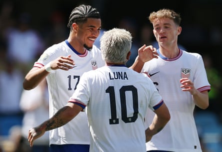 Malik Tillman #17 of the United States celebrate a goal with teammates Diego Luna #10 and Jack McGlynn #6 during the first half against Trinidad and Tobago during a 2025 CONCACAF Gold Cup Group D match at PayPal Park on June 15, 2025 in San Jose, California.