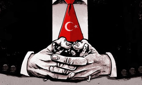Illustration, of Turkish leader (with crescent-motif tie) crushing opposition with thumbs, by Ben Jennings