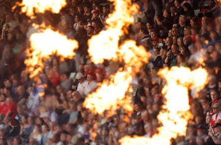 Flames light up the crowd as the teams come out during the Women’s Rugby World Cup 2025 semi-final match between New Zealand and Canada.