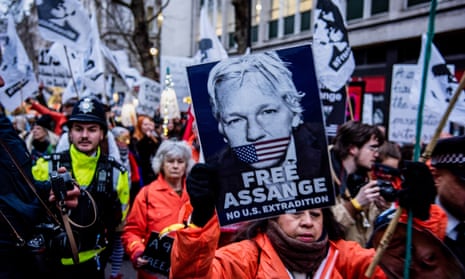 People in London protest against the continued imprisonment of WikiLeaks founder Julian Assange in February.