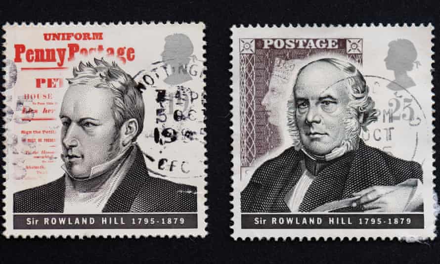 Two stamps issued in 1995, commemorating Sir Rowland Hill, who proposed the idea of the pre-paid stamp.