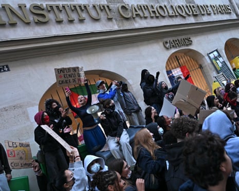 Students demonstrate outside the Carmes campus of the Institut Catholique de Paris (ICP), in Paris, France.