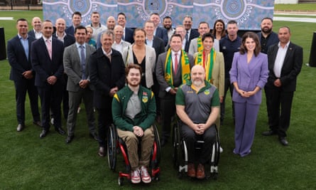 Australian sports governing body representatives at a media event about supporting the Indigenous voice to parliament.