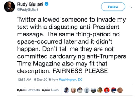 Rudy Giuliani’s tweet accusing Twitter of allowing someone to ‘invade’ his tweets.