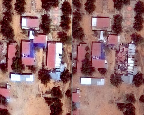 A composite of satellite images showing damage to a building within the compound qhiukiuiqkrinv