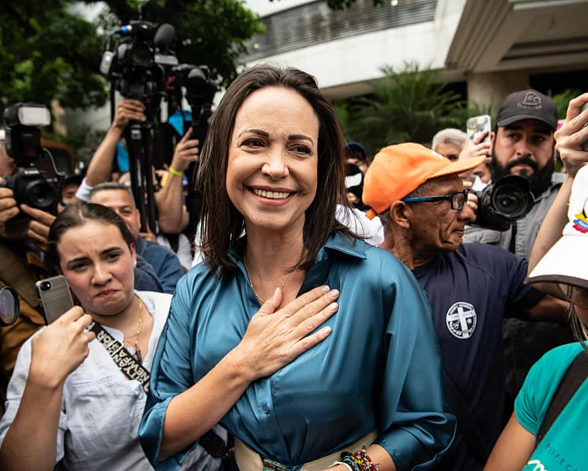 María Corina Machado arrives at a rally in Caracas, Venezuela in 2023