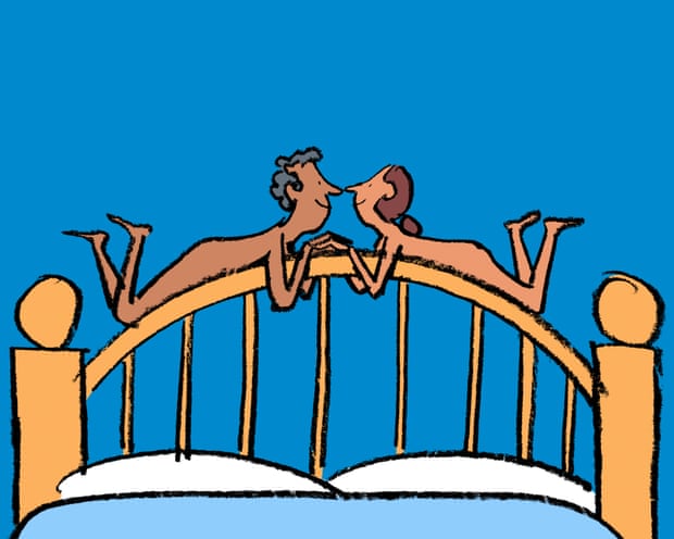An illustration of two little people lying facing each other along the headboard of a double bed.