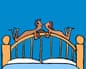 An illustration of two little people lying facing each other along the headboard of a double bed.