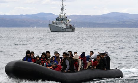 Migrants arriving at the Greek island of Lesbos in 2020, accompanied by a Frontex vessel.