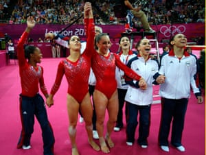 Kyla Ross (right) celebrates with teammates (left to right) Gabrielle Douglas , Alexandra Raisman, Jordyn Wieber, and McKayla Maroney after winning gold in the women’s gymnastics team final at London 2012.