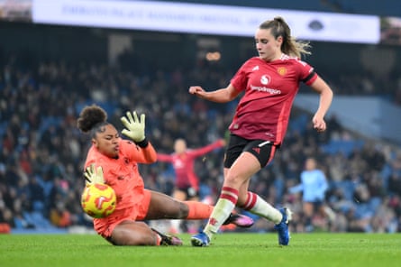 Manchester United’s Ella Toone scores her team’s fourth goal against Manchester City in January.