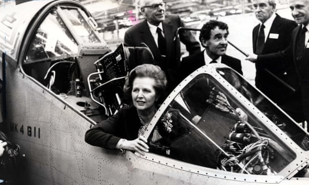 Margaret Thatcher in an unfinished Harrier at British Aerospace in 1982.