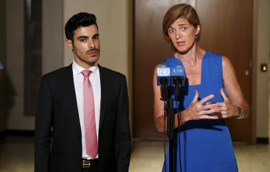 Gay Syrian refugee Subhi Nahas with US Ambassador to the UN Samantha Power during an informal meeting on the persecution of LGBT people by Isis.