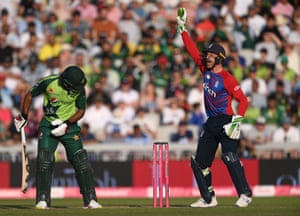Pakistan batsman Fakhar Zaman is out lbw after review as Jos Buttler appeals.