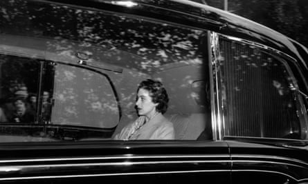 Princess Margaret in a limousine on her way to Clarence House after a weekend in the country where Peter Townsend was also a guest, 17 October 1955