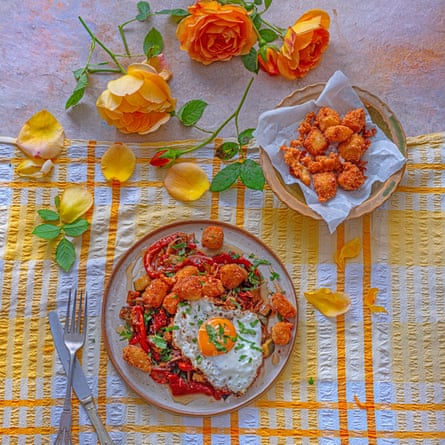 Summer pisto with golden manchego and crispy fried egg Food and prop styling: Polly Webb-Wilson José Pizarro summer recipes Observer Food Monthly OFM June 2024
