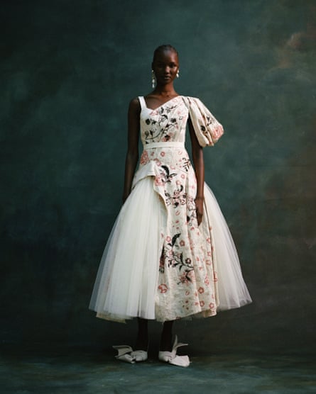 A dress from Erdem’s spring/summer ‘24 collection featuring curtain fabric from the Chatsworth House archives hand-embroidered by Debo’s great-granddaughter Cecily Lasnet