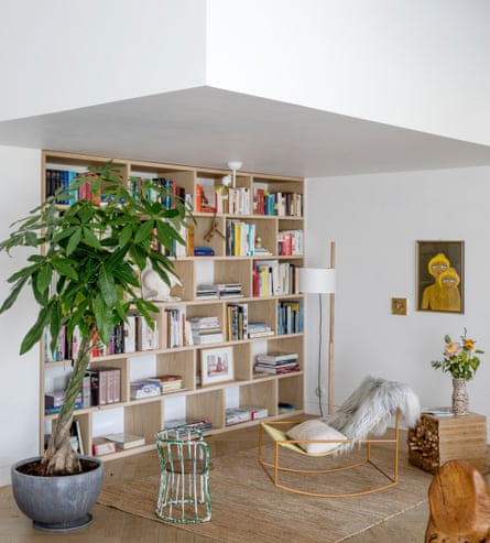 the living space, showing one of the four pods above it which house the bedrooms.