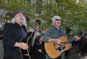David Crosby and Graham Nash perform at the Occupy Wall Street protest at Zuccotti Park on November 8 2011 in New York City.