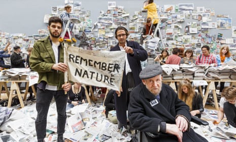 Art students in London responding to a call by Gustav Metzger, seated, for a day of action to remember nature, 2015.