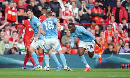 Callum Hudson-Odoi runs to celebrate after scoring the winner at Anfield in September