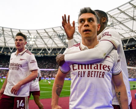 West Ham United v Arsenal, Premier League, London Stadium, London, Greater London, England - 10 May 2026Arsenal forward Leandro Trossard (19) scores a GOAL 0-1 and celebrates during the West Ham United v Arsenal Premier League match at the London Stadium, London, England on 10 May 2026. Credit: Robbie Hoad/Every Second Media
West Ham United v Arsenal, Premier League, London Stadium, London, Greater London, England - 10 May 2026