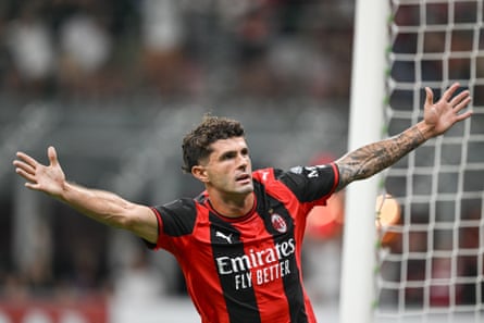 Christian Pulisic of Milan celebrates after scoring a goal.