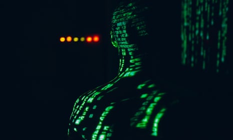 Digital image of a male with digital binary code displayed on his back in a dark room
