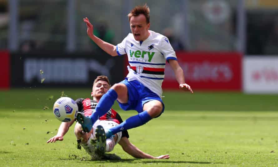 Mikkel Damsgaard is sent flying by a Alexis Saelemaekers tackle during Sampdoria’s game at Milan last season.