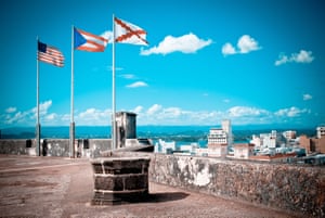 Flags on top of the fortress in Old San Juan in Puerto Rico.
