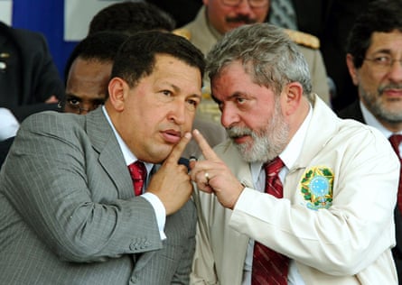 Presidents Hugo Chavez of Venezuela and Luiz Inacio Lula da Silva of Brazil, during the inauguration ceremony of the construction of the oil refinery Jose Ignacio Abreu de Lima, set up by the two countries in Recife, northeast of Brazil, 16 December 2005
