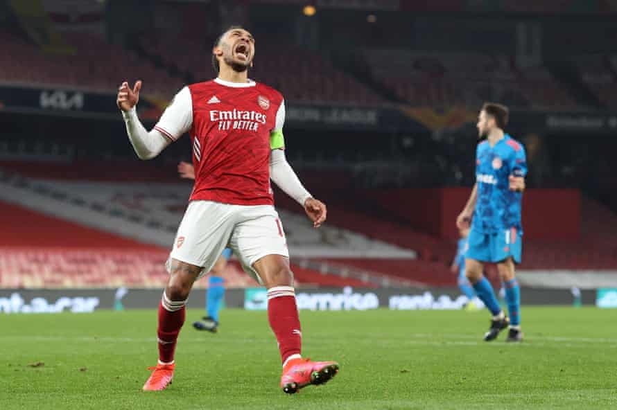 Pierre-Emerick Aubameyang shows his dismay at missing one of a string of chances for Arsenal.