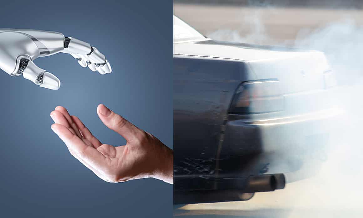A composite image of a robot and human hand, and a car exhaust pipe