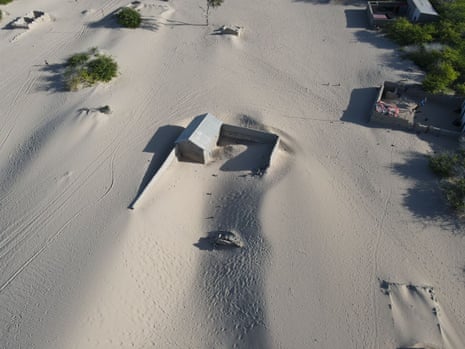 A drone image of submerged buildings in Hobyo