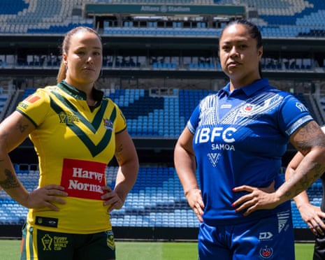 Olivia Kernick of the Jillaroos and Annetta Nu’uausala pose before Australia meet Fetu Samoa in the opening game of the 2026 Women’s Rugby League World Cup