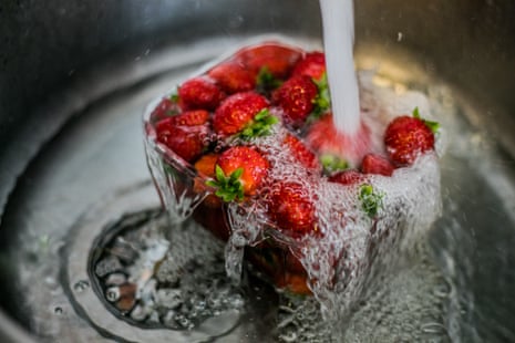 A punnet of strawberries under a running tap