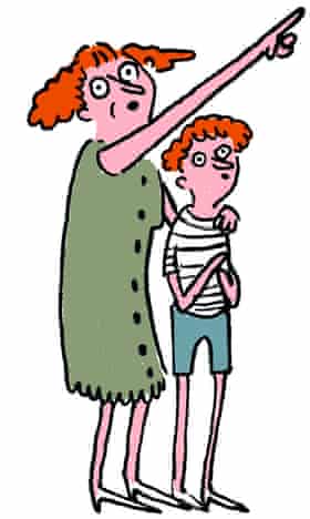 Illustration of mother pointing into sky, with other arm round her son