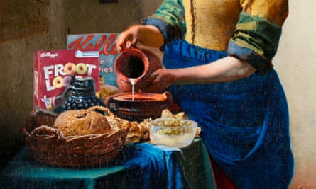 An illustration of Vermeer’s maid pouring milk spliced with images of modern cereals