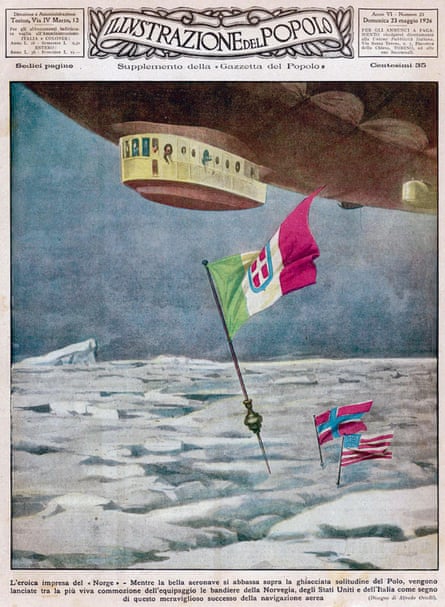 An Italian aircrew pilot the airship Norge over the north pole on 12 May 1926 carrying Roald Amundsen and 15 others.