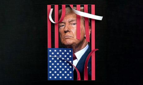 Photo illustration of Trump breaking free of a US-flag-like prison