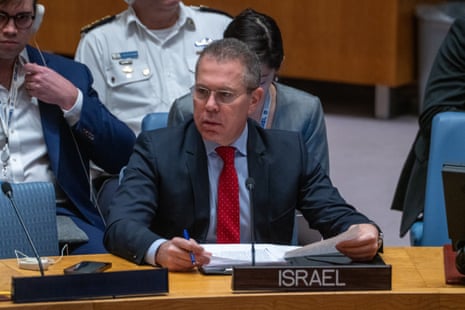Permanent Representative of Israel to the United Nations Gilad Erdan speaks during a UN Security Council meeting on the situation in the Middle East.