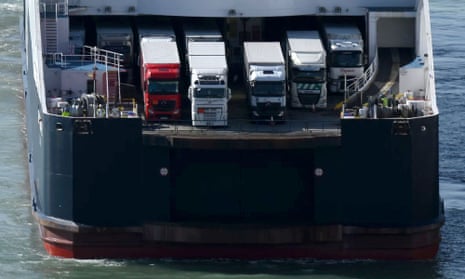 Freight lorries onboard a cross-Channel ferry as it prepares to dock at the Port of Dover.