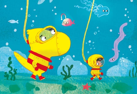 A children’s book illustration of a creature and a little boy under water