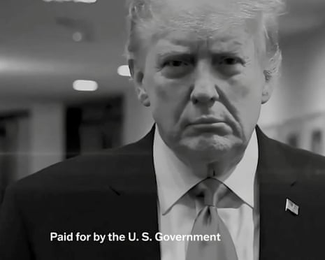 black and white screengrab of trump in a suit with the caption 'Paid for by the US government'
