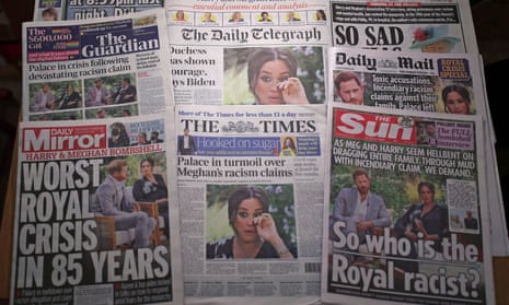 Font pages of UK national newspapers showing the reaction to the interview of the Duke and Duchess of Sussex with Oprah Winfrey. 