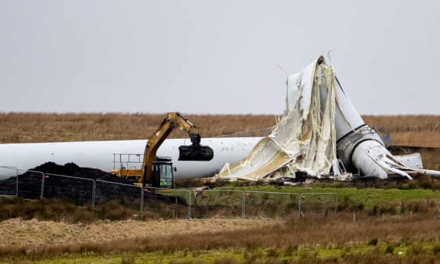 Storm Eunice: London added to red weather warning amid ‘danger to life’ | UK weather 3 A snapped 300ft wind turbine at the Pant-y-Wal windfarm in Wales.