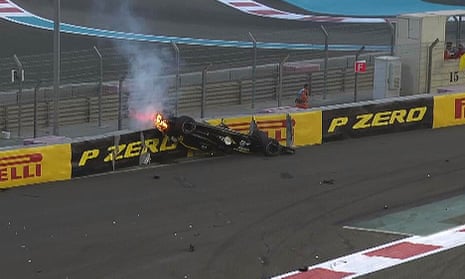 Nico Hülkenberg’s car catches fire after his crash on the opening lap of Sunday’s Abu Dhabi Grand Prix. 