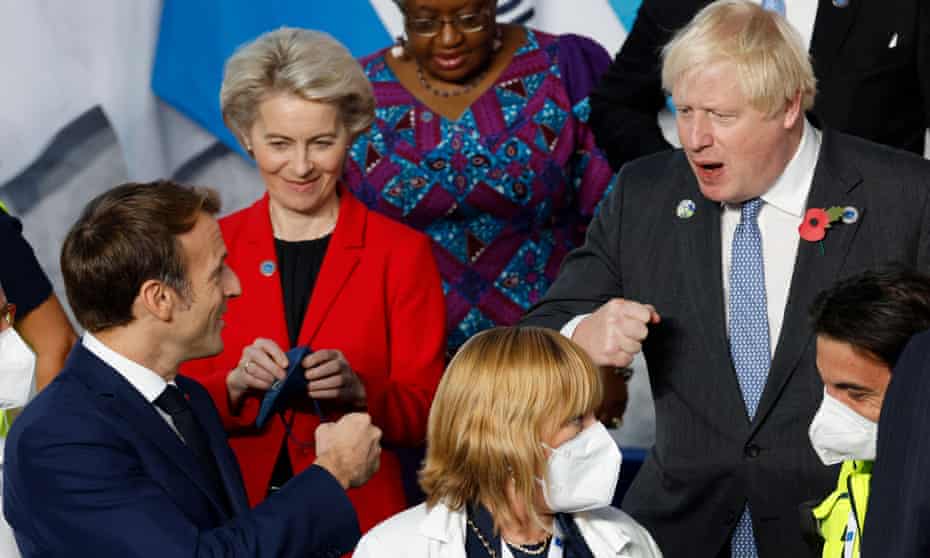French president Emmanuel Macron speaking to Boris Johnson, watched by European Commission president Ursula von der Leyen at the G20 summit.
