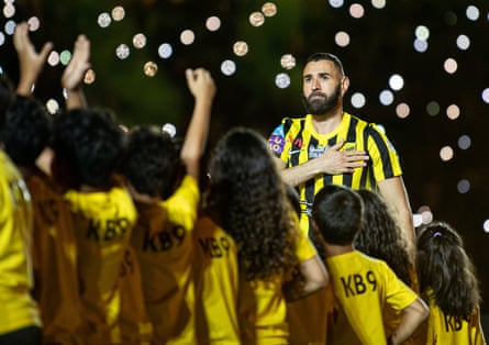 Karim Benzema is introduced to Al-Ittihad fans at King Abdullah Stadium in Jeddah